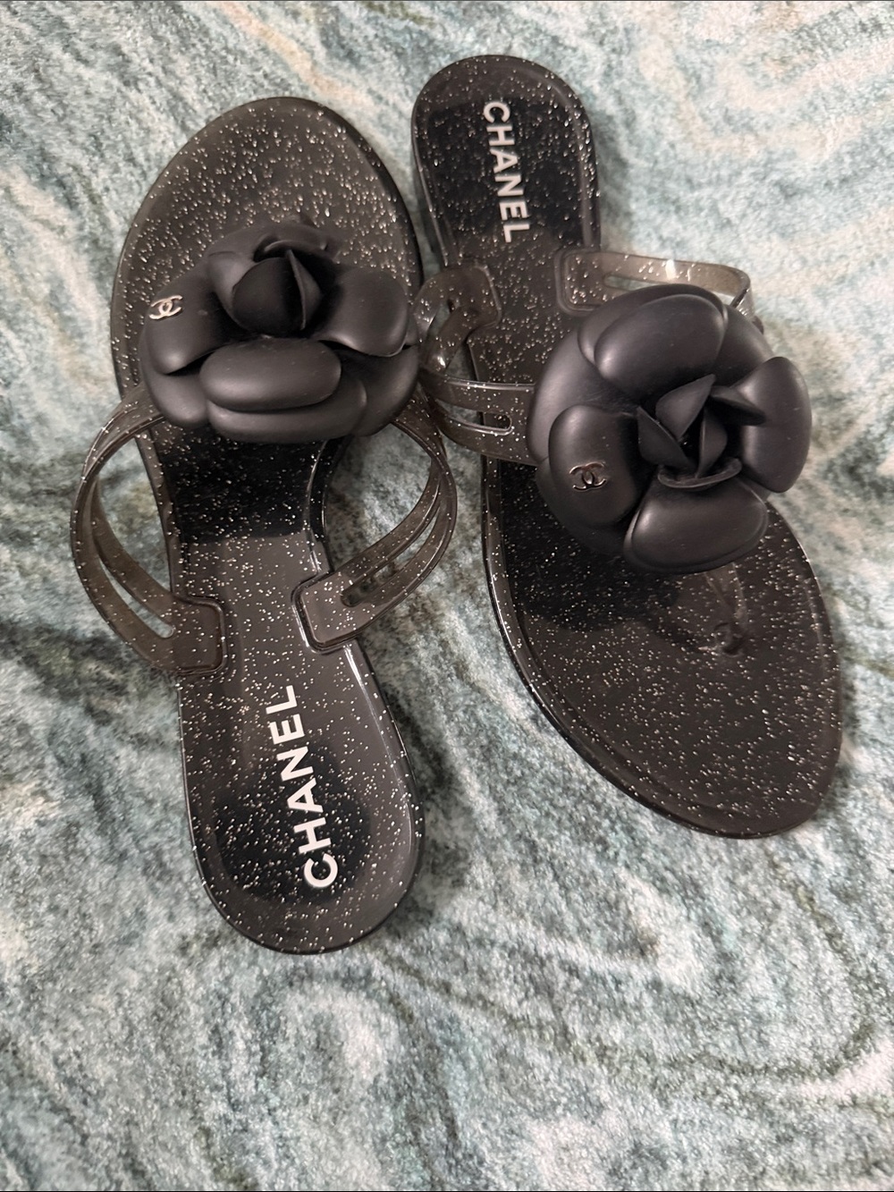 Chanel Black Camellia Jelly Slide Sandals worn once $1000 retail size 37